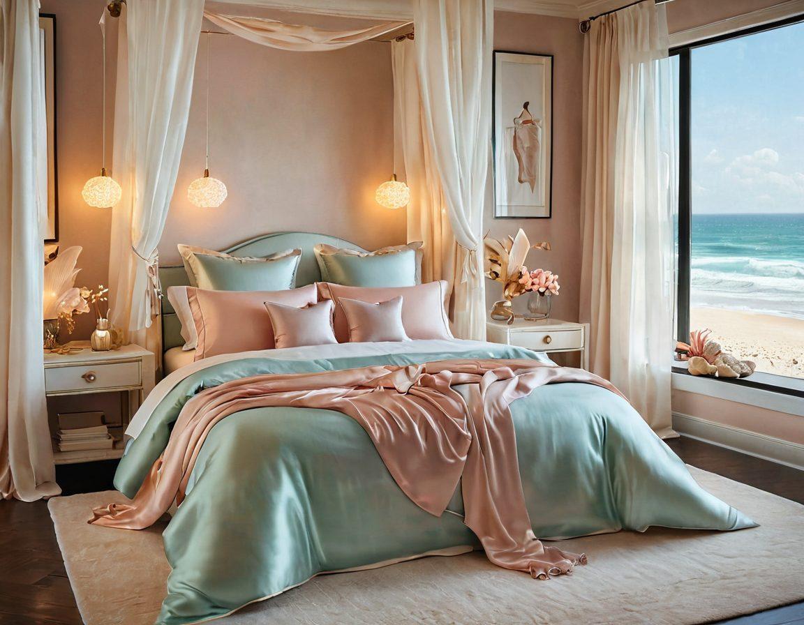A luxurious beach scene transitioning into a stylish bedroom, showcasing playful swimwear and intimate lingerie. Incorporate flowing fabrics, soft pastel colors, and romantic lighting that enhances the sensuality of both environments. Include subtle elements like seashells and silk sheets to bridge the theme. super-realistic. soft pastels. warm glow.