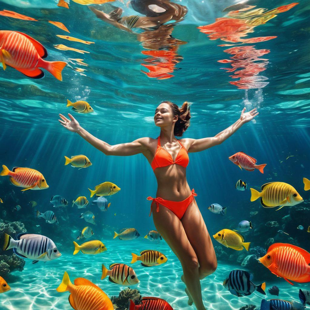 A captivating underwater scene showcasing diverse individuals in stylish swimwear, exuding confidence and joy. The swimmers are engaging in playful activities like diving and swimming, with vibrant coral reefs and exotic fish surrounding them. Bright sunlight filters through the water, creating a magical ambiance. The swimwear features unique patterns and bold colors that reflect personal expression. super-realistic. vibrant colors. aquatic theme.